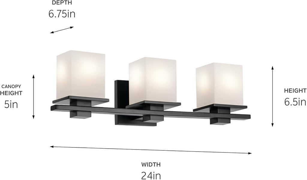 Kichler Tully 24' 3-Light Bathroom Vanity Light Fixture with Satin Etched Cased Opal Glass in Black for Over Mirror, Soft Modern Style (24' x 6.5' x 7'), 45151BK