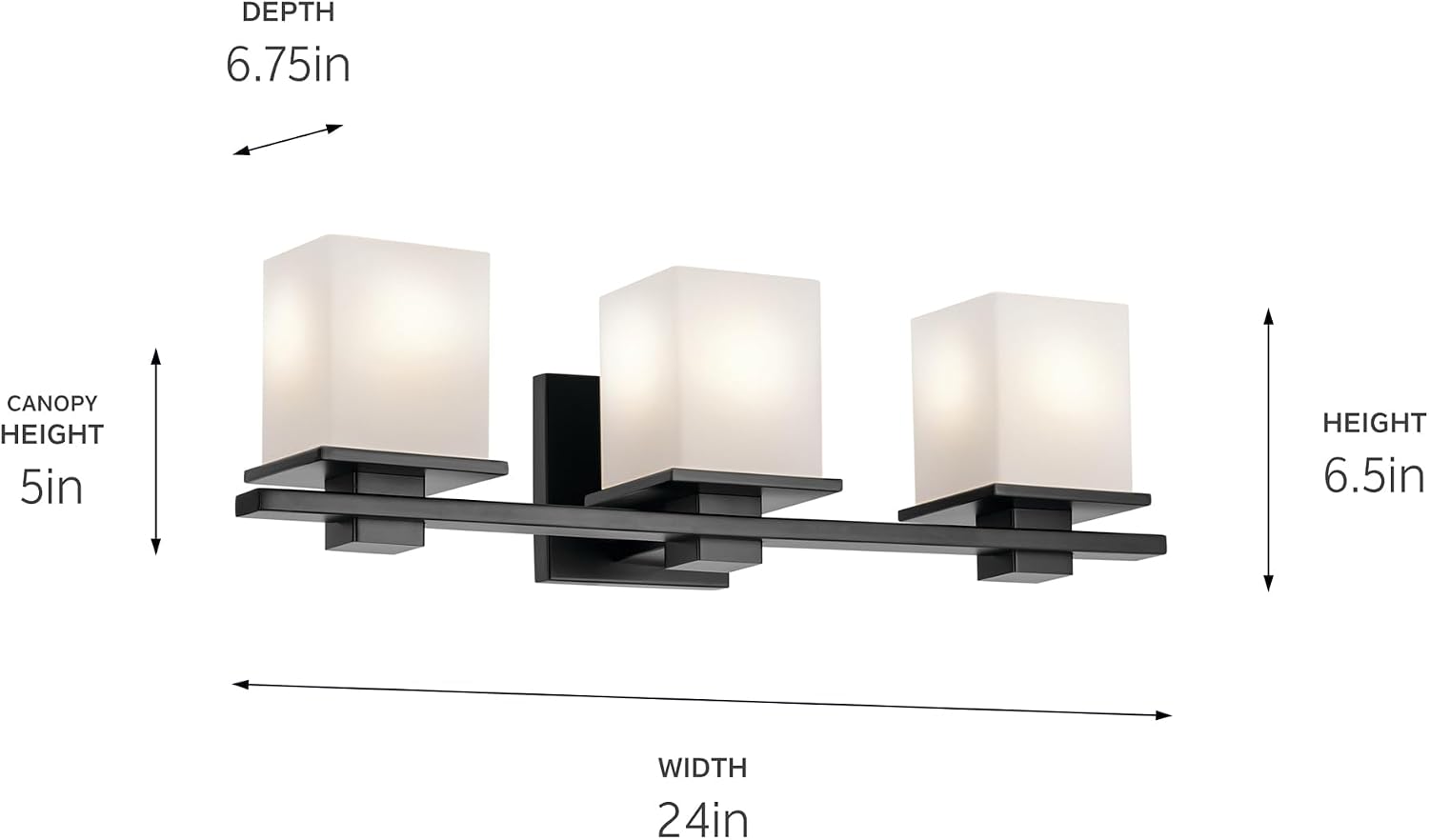 Kichler Tully 24' 3-Light Bathroom Vanity Light Fixture with Satin Etched Cased Opal Glass in Black for Over Mirror, Soft Modern Style (24' x 6.5' x 7'), 45151BK