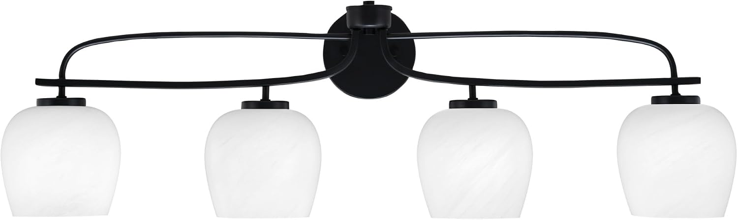 Toltec Lighting Cavella 4-Light Bath Bar – Modern Vanity Light Fixture for Bathroom – Dimmable and LED-Compatible Wall Light – Matte Black Finish, 6' White Marble Glass