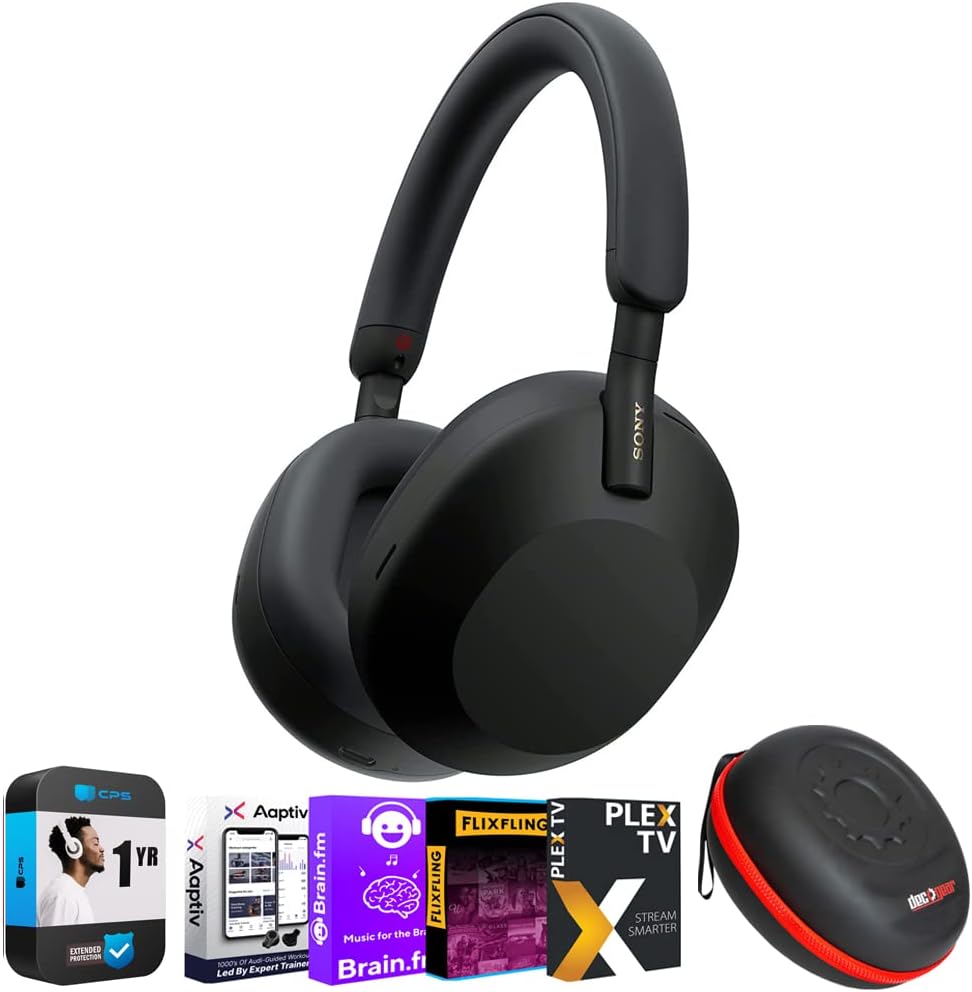 Sony WH1000XM5/B Wireless Industry Leading Noise Canceling Headphones, Black Bundle with Premium 2 YR CPS Enhanced Protection Pack, Deco Gear Headphone Case and Audio Entertainment Essentials Bundle