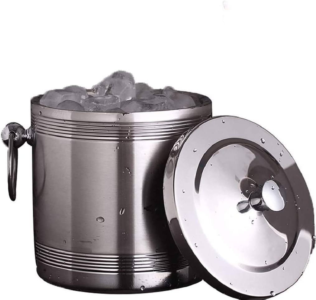 BTZHY Ice Bucket,Candy Double Walled Stainless Steel with Ice Tongs, Scoop, Lid, and Exclusive Handmade Nylon