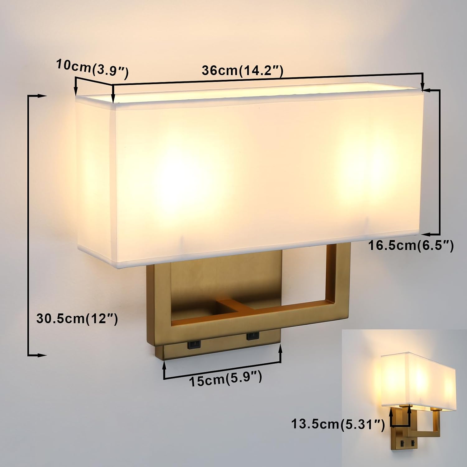 Yosoan Set of 2 Indoor Bedside Wall Sconce with On Off Switch, Modern Boho Interior Finish Brass 2-Light Vanity Vintage Industrial with Square White Fabric Shade for Reading Room Hallway(Antique)