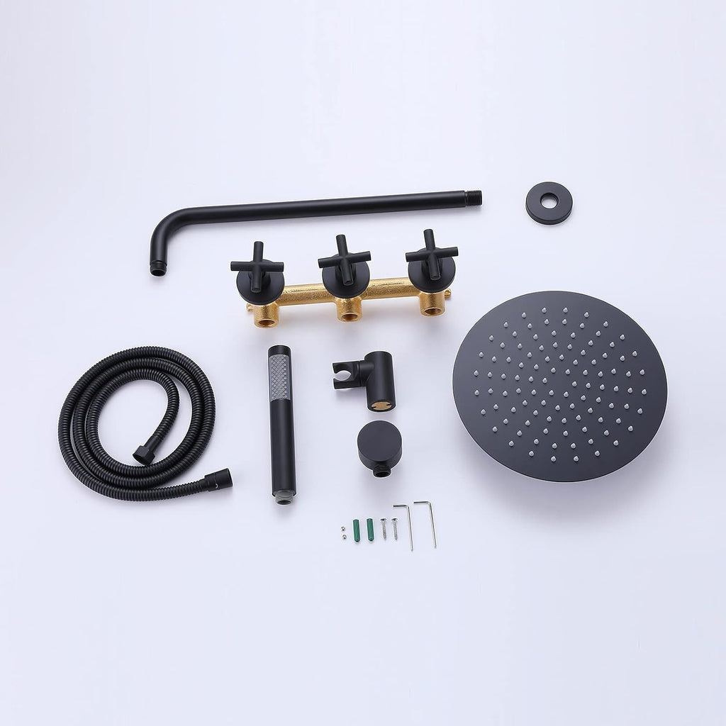 RBROHANT Black Shower Faucet Set Brass Shower System, 10 Inch High Pressure Round Rain Shower Head with Handheld Spray, Wall Mounted, Rough-in Valve Included, Matte Black, RCS81010MB