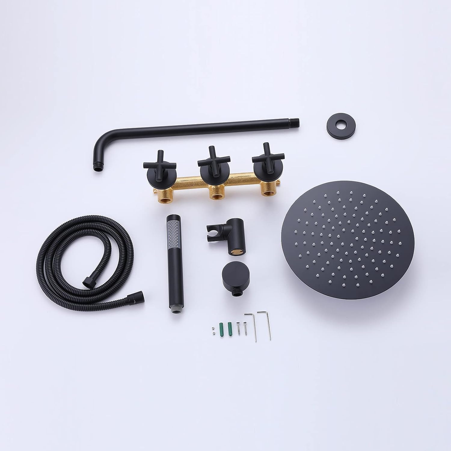 RBROHANT Black Shower Faucet Set Brass Shower System, 10 Inch High Pressure Round Rain Shower Head with Handheld Spray, Wall Mounted, Rough-in Valve Included, Matte Black, RCS81010MB