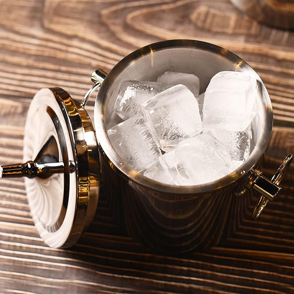 Ice Bucket,Tub Stainless Steel Bar Cooler Freezer with Lid Wine Bucket with Earrings Insulation Bucket Ice Filter 2L/Silver