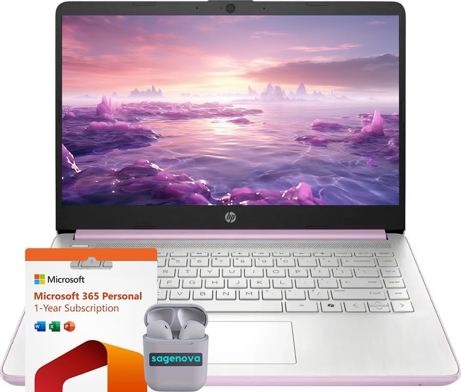HP 14' Business Laptop Computer with Microsoft Office 365, 4-Core Intel Processor, 128GB SSD + 1TB Cloud Storage, 8GB RAM, Windows 11, SageNova Earphones, Honey Lavender