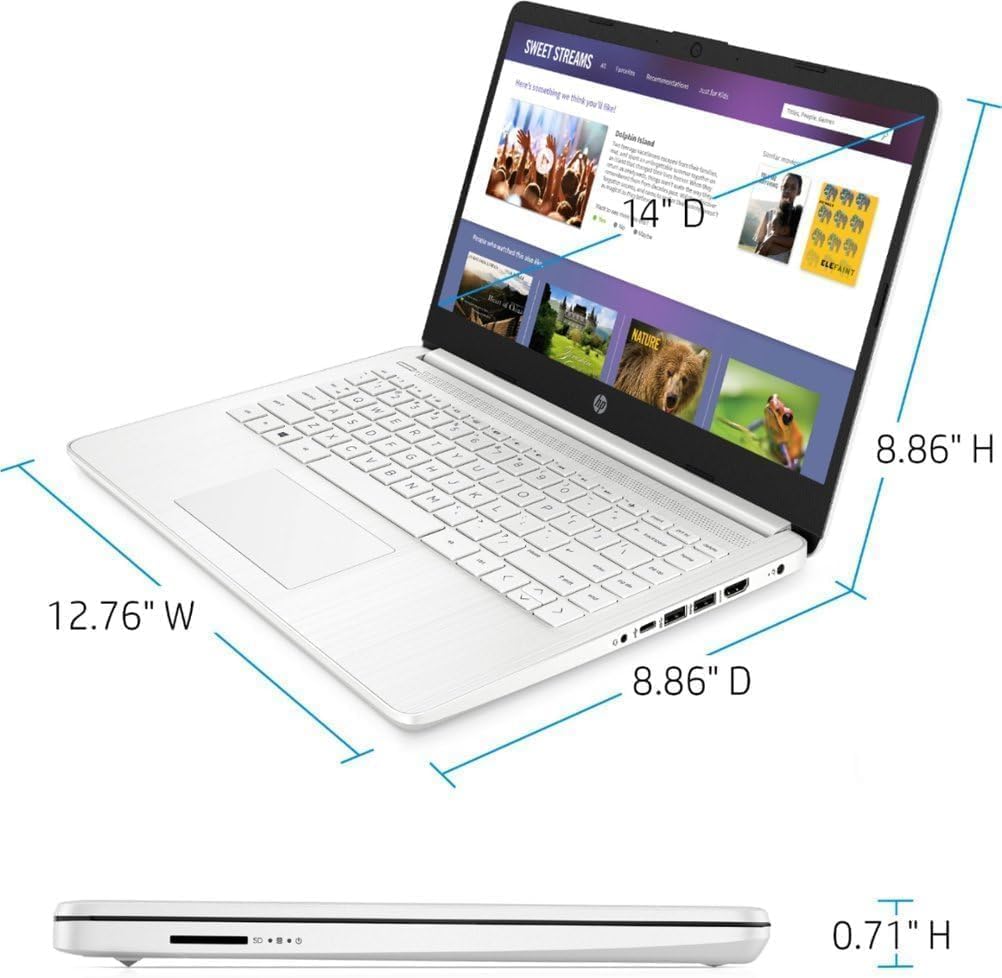HP 14 inch HD Laptop, Intel Celeron N4500, 4GB DDR4 RAM, 64GB eMMC + 512GB SSD, Windows 11 Home in S Mode, One Year Microsoft 365 Included, WiFi6, Snowflake White with HEX Accessories
