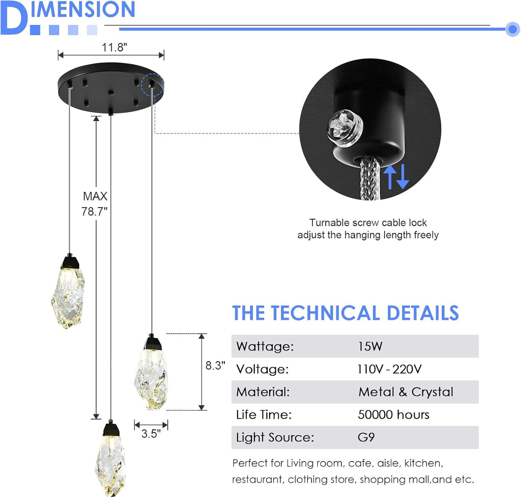 3 Lights Crystal Pendant Light Modern Cluster Chandelier Dimmable Pendant Light Fixture with Black Teardrop Design Stylish Lighting for Kitchen Island, Dining Room, Hallway, Bathroom