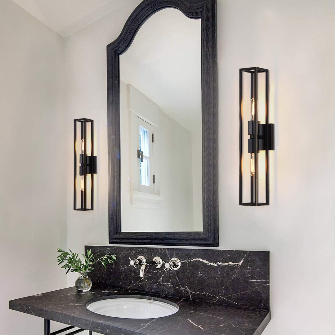 Two Bulb Metal Frame Wall Scones Square Symmetrical Structured Rectangular Vanity Wall Light Bathroom Gallery Entry Salon (Black)