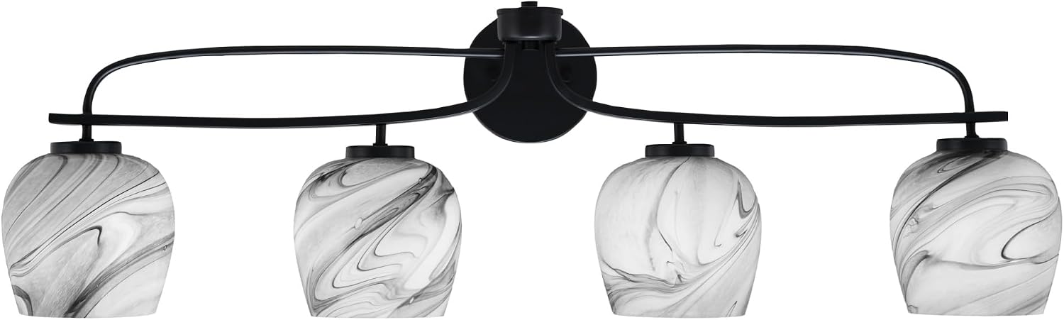 Toltec Lighting Cavella 4-Light Bath Bar – Modern Vanity Light Fixture for Bathroom – Dimmable and LED-Compatible Wall Light – Matte Black Finish, 6' Onyx Swirl Glass