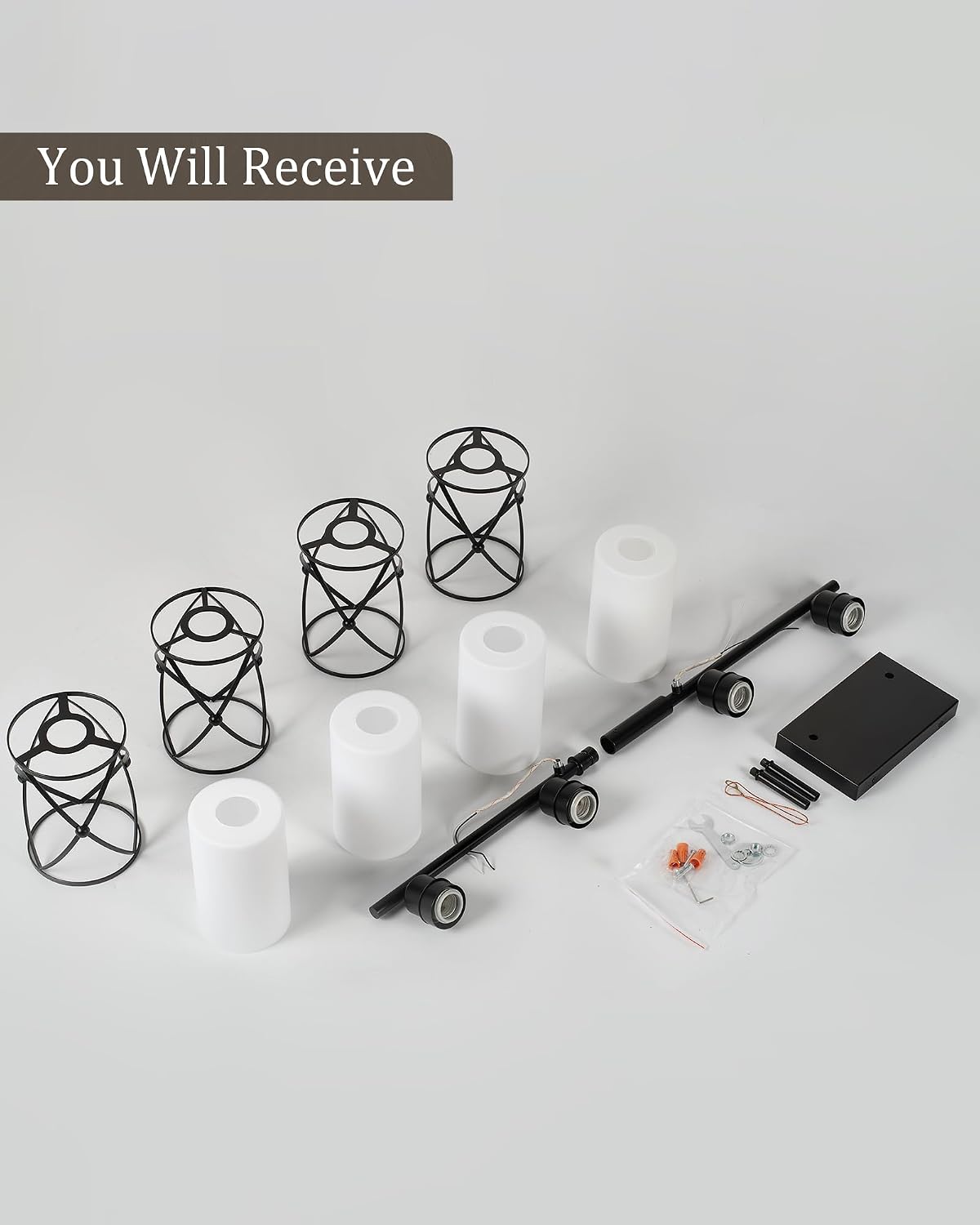 4-Light Black Bathroom Light Fixtures with Milk White Frosted Glass, 29' Modern Bathroom Vanity Lighting Fixtures Over Mirror with Metal Cage, Wall Sconce Lights for Bath, E26, CH9176BKW-4W