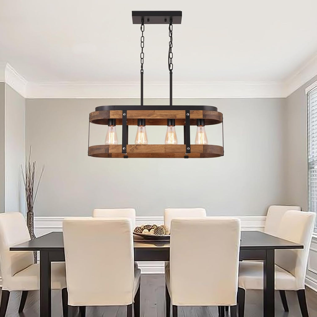 Rustic Farmhouse Wood Kitchen Island Lighting, 4 Lights Rectangular Pendant Light Fixture, Adjustable Rods Oak Wood and Metal Linear Chandelier for Kitchen Island Farmhouse Dining Room, Black