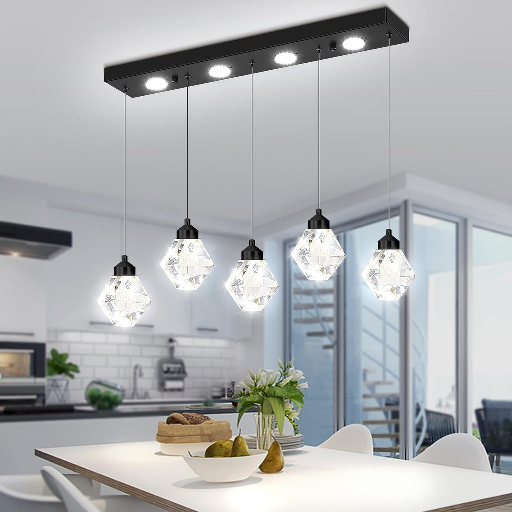 5-Lights Rectangular Pendant Light LED Dimmable Linear Crystal Chandelier Modern Rectangular Chandeliers for Dining Room Bedroom Black Hanging Light