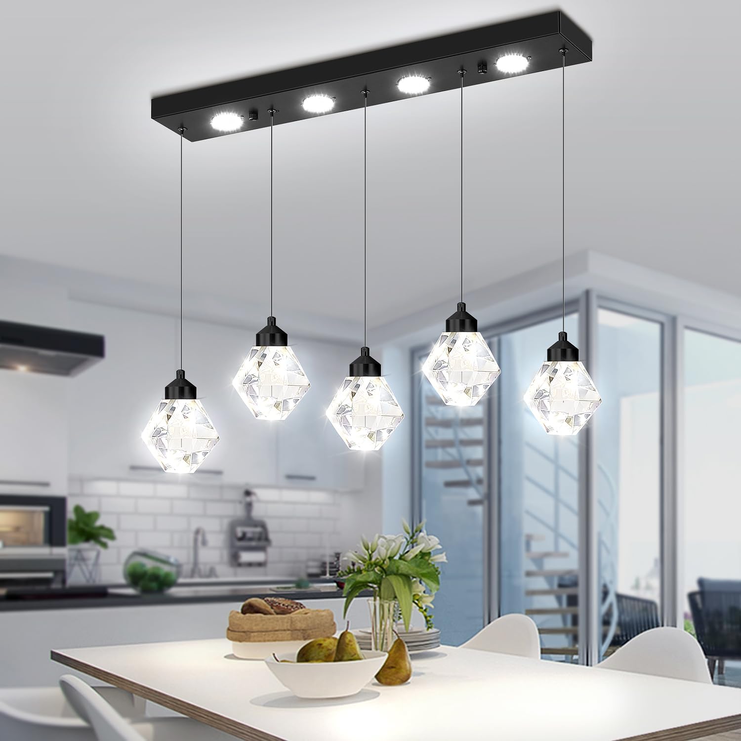5-Lights Rectangular Pendant Light LED Dimmable Linear Crystal Chandelier Modern Rectangular Chandeliers for Dining Room Bedroom Black Hanging Light