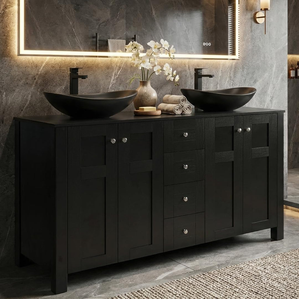 48 Inch Bathroom Vanity with Sink, Traditional Freestanding Black Bathroom Vanity Cabinet with Four Drawers, Pedestal Cabinet with Two Black Ceramic Boat Sinks