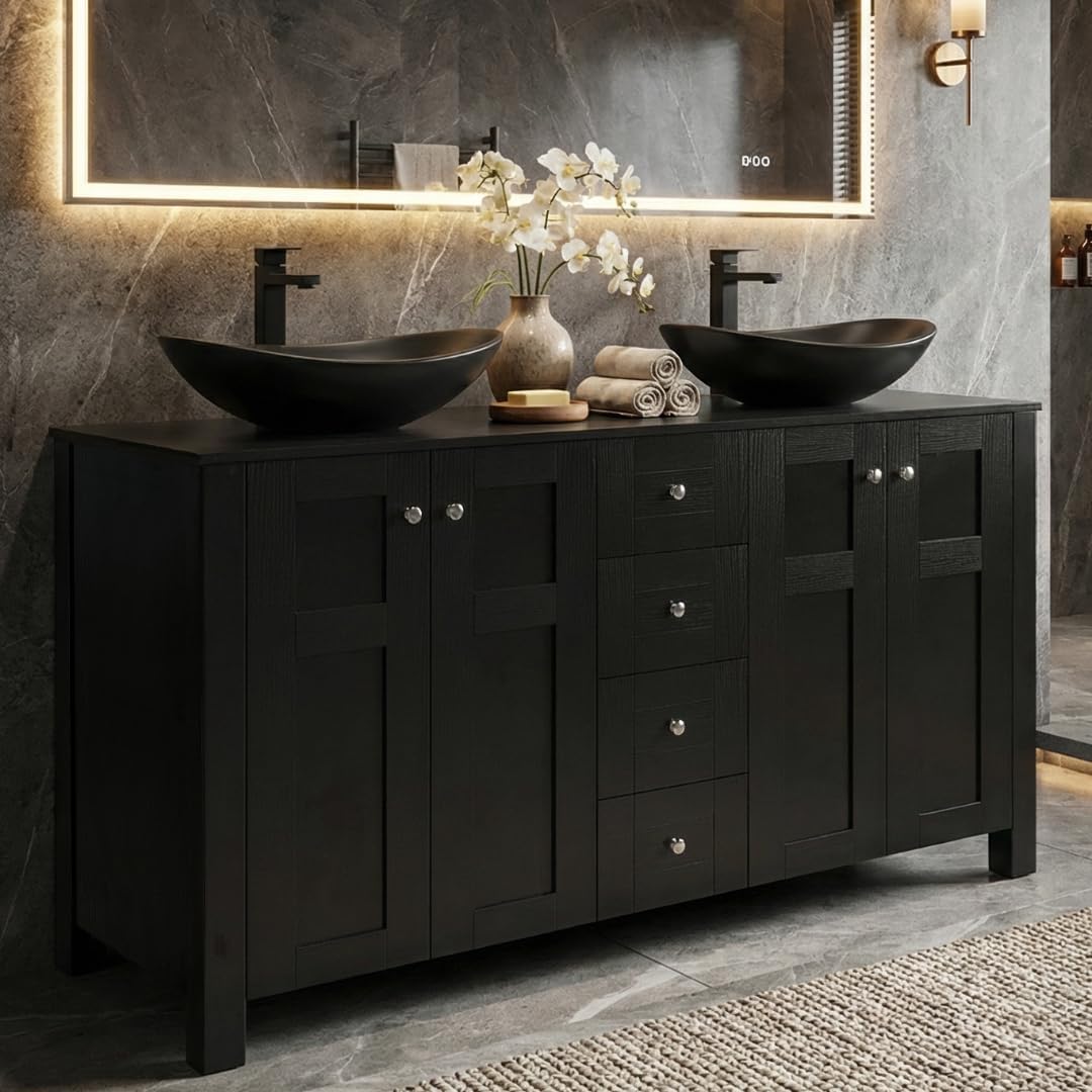 48 Inch Bathroom Vanity with Sink, Traditional Freestanding Black Bathroom Vanity Cabinet with Four Drawers, Pedestal Cabinet with Two Black Ceramic Boat Sinks