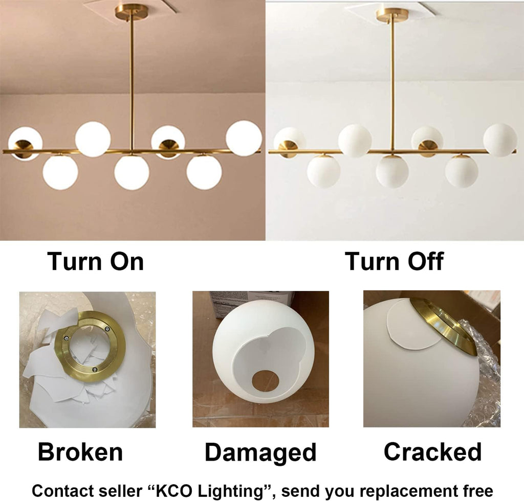 KCO Lighting Modern Brass Linear Chandelier Pendant Light 7-Lights Gold and White Glass Pendant Lighting Mid Century Globe Dining Light Fixture for Living Room Kitchen