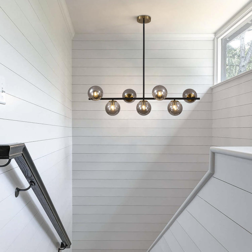 KCO Lighting Black and Gold Linear Kitchen Pendant Lighting Mid Century Modern Chandelier 7-Light Smoke Glass Globe Chandelier Vintage Dining Room Light Fixtures
