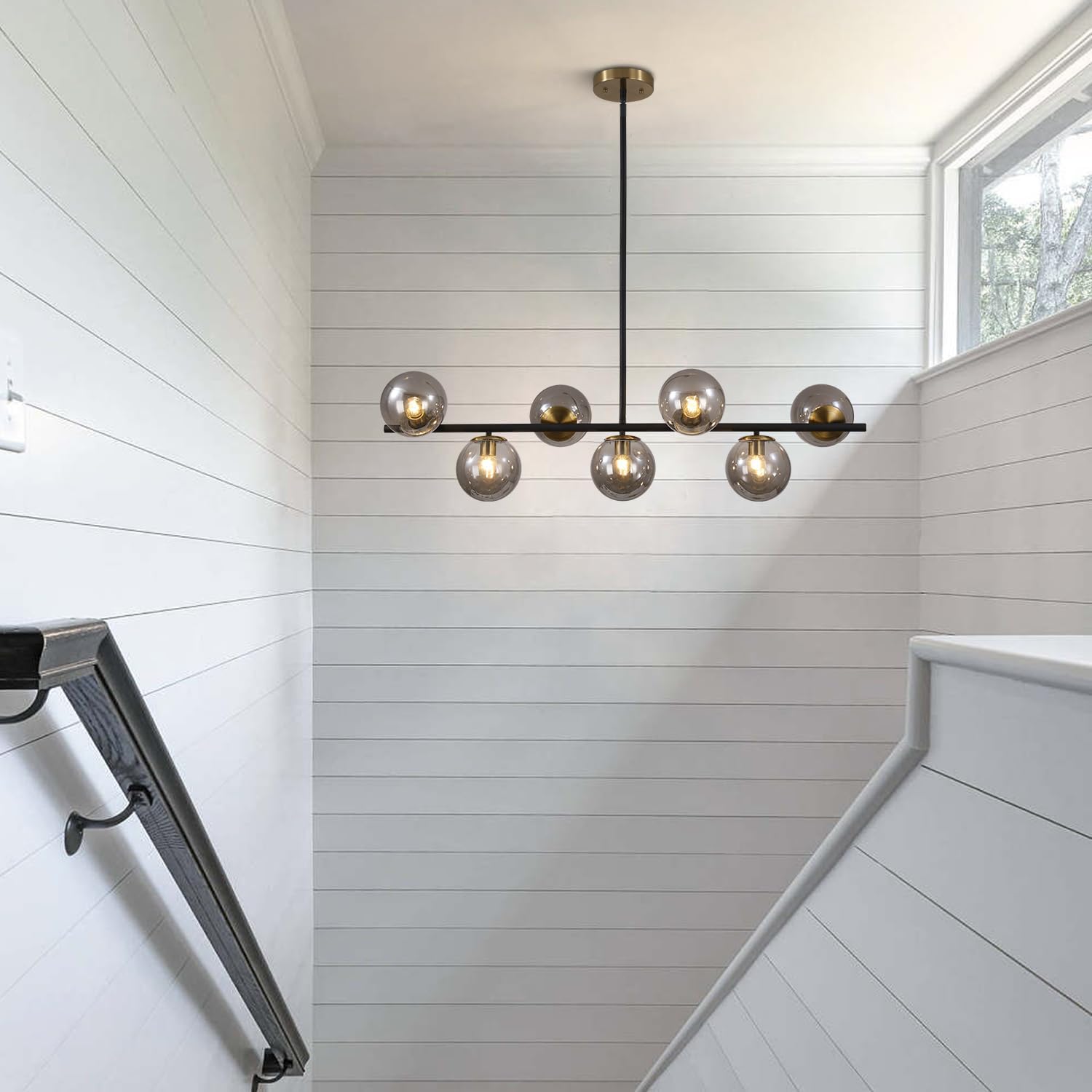 KCO Lighting Black and Gold Linear Kitchen Pendant Lighting Mid Century Modern Chandelier 7-Light Smoke Glass Globe Chandelier Vintage Dining Room Light Fixtures