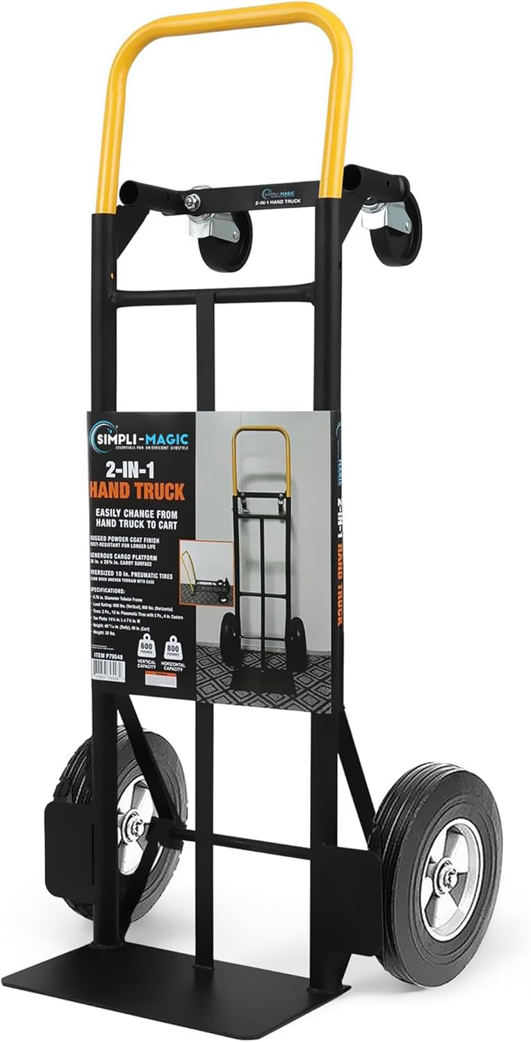 Simpli-Magic 2 in 1 Convertible Hand Truck and Dolly, 800LBS – Heavy-Duty Moving Dolly Cart with 10' Flat Free Rubber Wheels & Handle