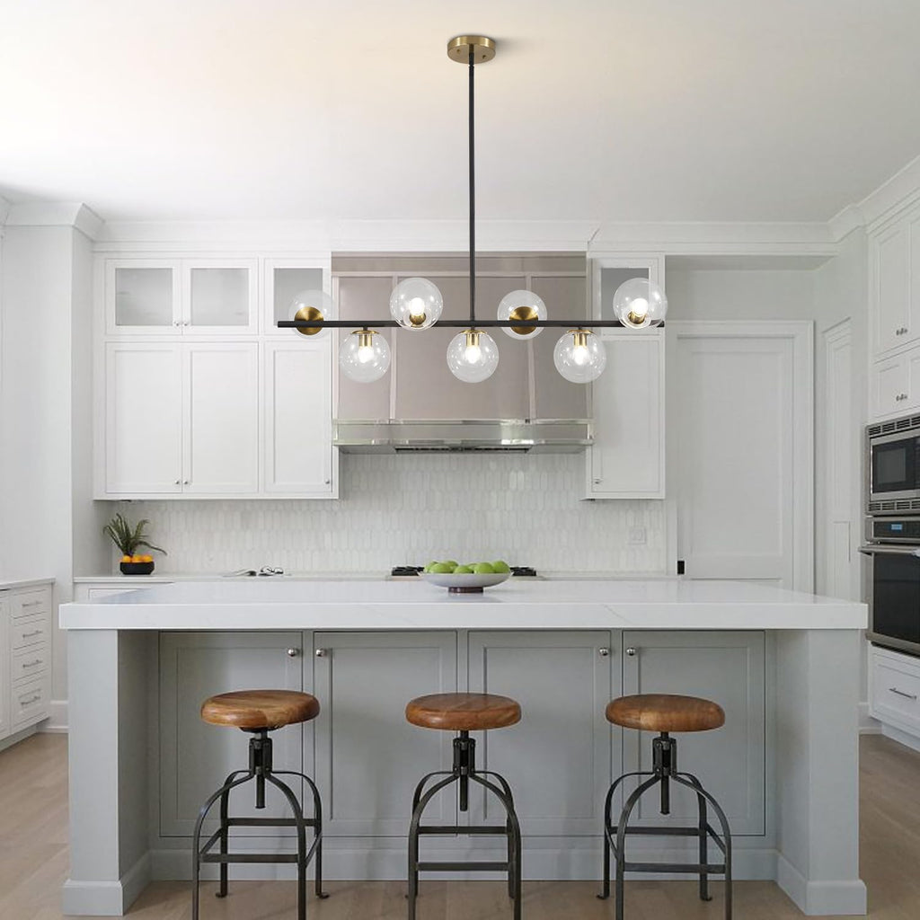 KCO Lighting Black and Brass Chandelier Light Fixture 7 Light Clear Glass Bubble Chandelier Modern Large Globe Sputnik Chandeliers Farmhouse Gold Linear Kitchen Pendant Lighting