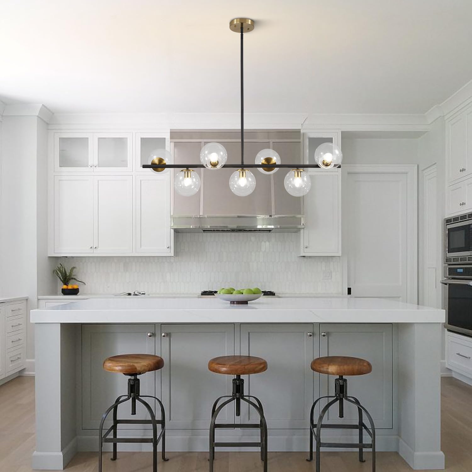 KCO Lighting Black and Brass Chandelier Light Fixture 7 Light Clear Glass Bubble Chandelier Modern Large Globe Sputnik Chandeliers Farmhouse Gold Linear Kitchen Pendant Lighting