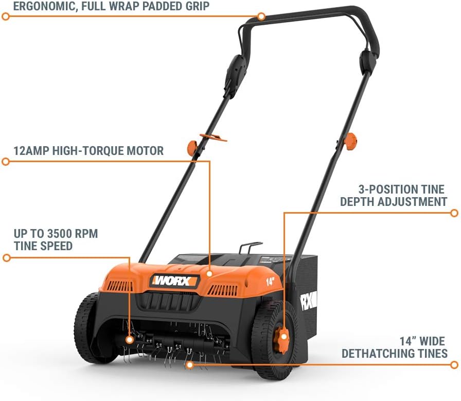 WORX 12 Amp Corded Lawn Dethatcher, Electric Scarifier Removes Deep Thatch & Improves Grass Health, WG850
