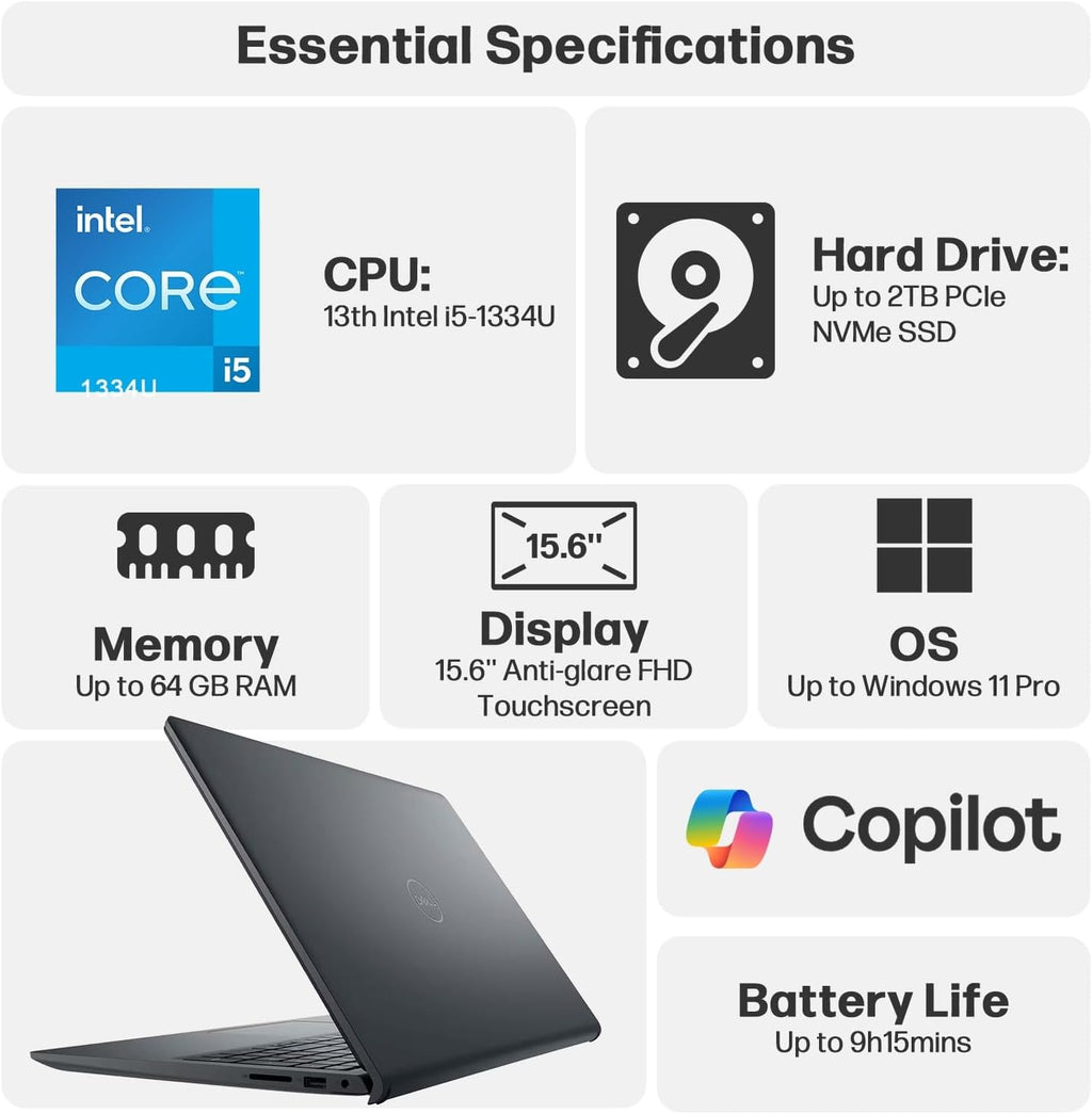 Dell Inspiron 15 Laptop Computer, 15.6'' FHD Anti-Glare Laptop Touchscreen, Lifetime MS Office Windows 11 Pro+Copilot AI, 13th Intel Core i5-1334U, 32GB RAM 1TB, WiFi 6, w/Mytrix Accessory