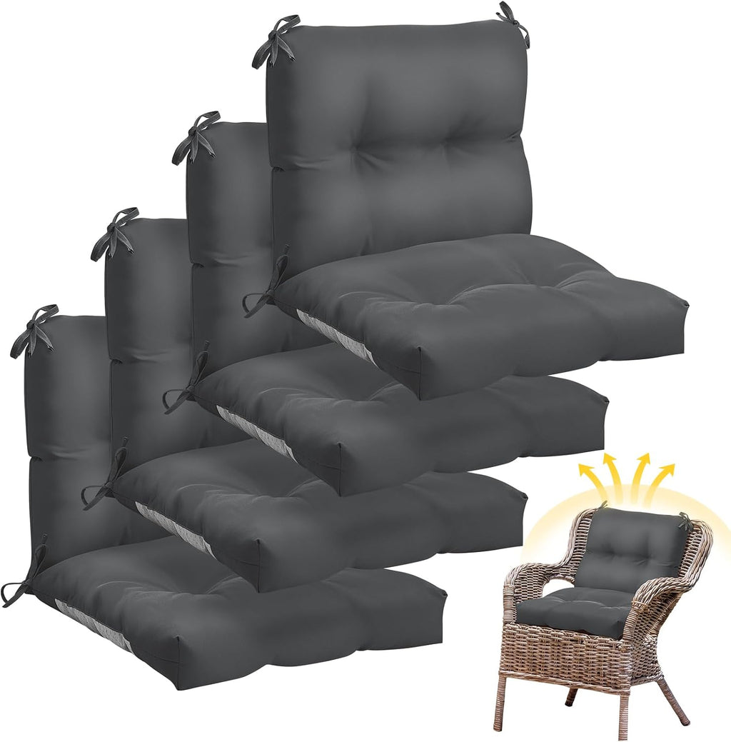 Geetery Outdoor Chair Cushions Set of 4 High Back Patio Furniture Replacement Seat Pads with Ties 42x21x4' for Lawn Porch Wicker Rocking Dining Chairs Weather Resistant Fade Resistant(Dark Gray)