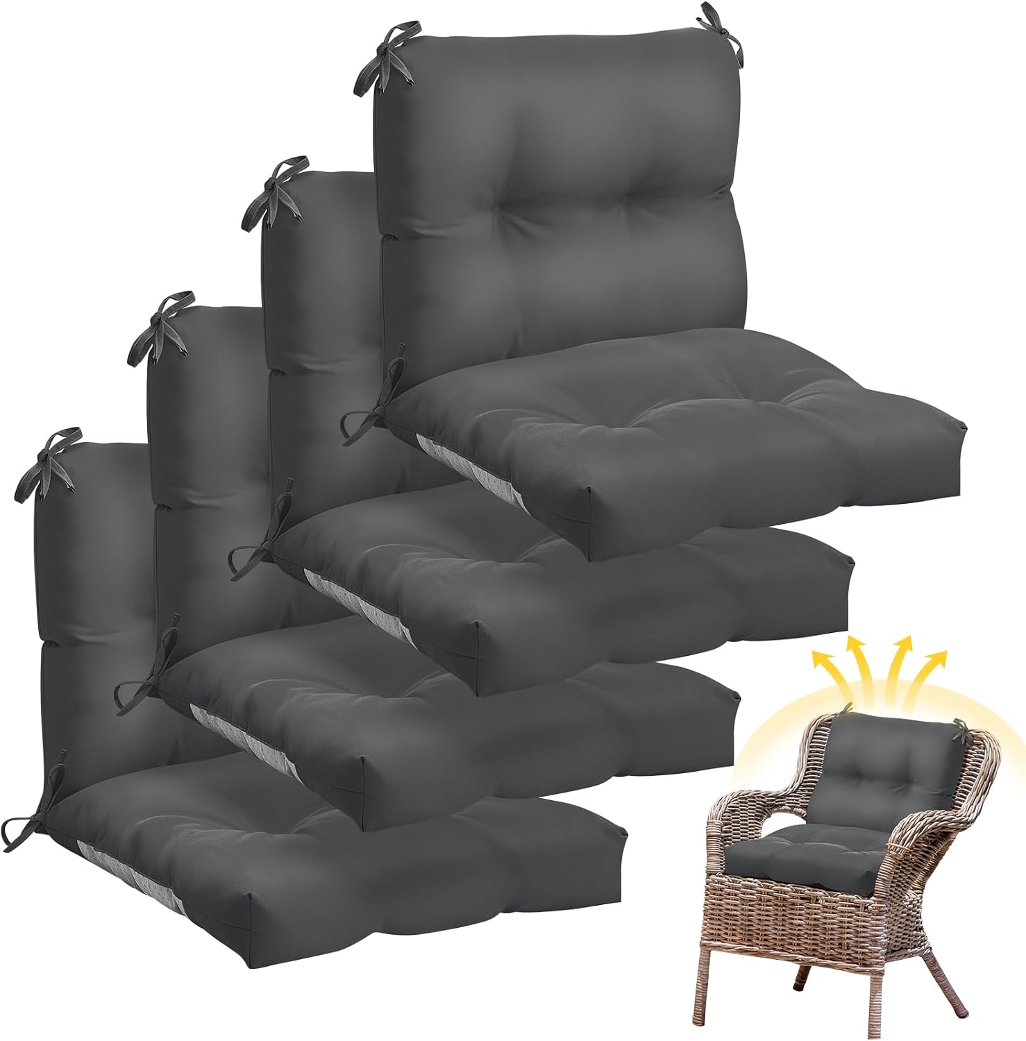 Geetery Outdoor Chair Cushions Set of 4 High Back Patio Furniture Replacement Seat Pads with Ties 42x21x4' for Lawn Porch Wicker Rocking Dining Chairs Weather Resistant Fade Resistant(Dark Gray)