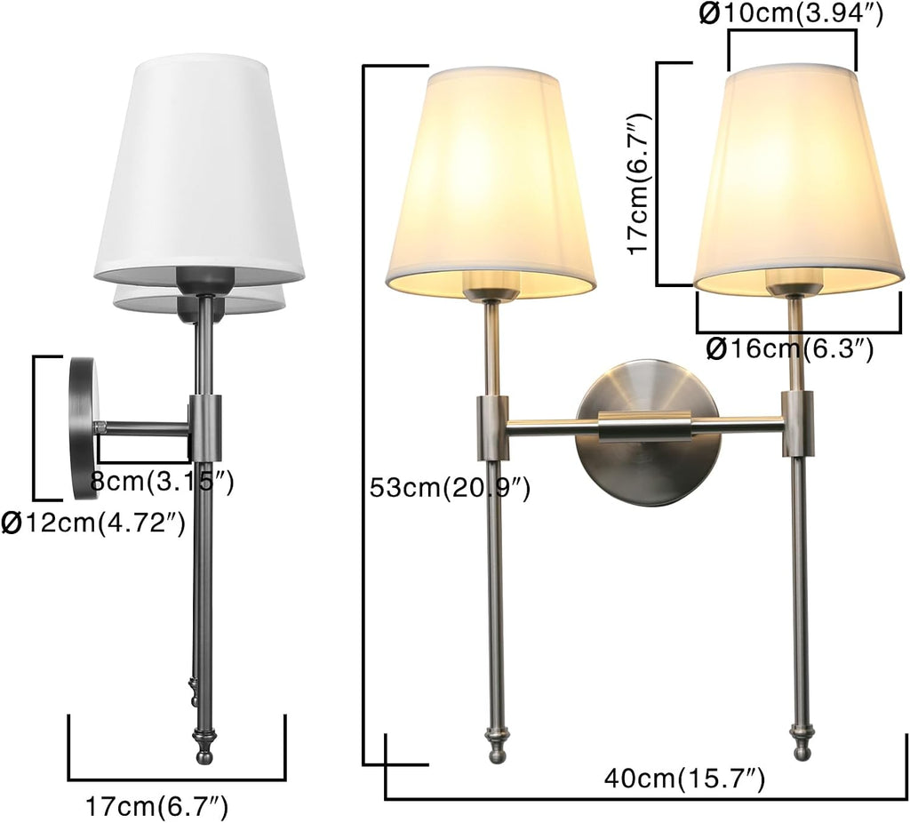 PERMO Industrial Double Sconce Large 2-Lights Wall Sconce with Flared White Textile Lampshade and Brushed Nickel Finished Long Arm for Bathroom Bedroom, Hardwired Wall Sconces