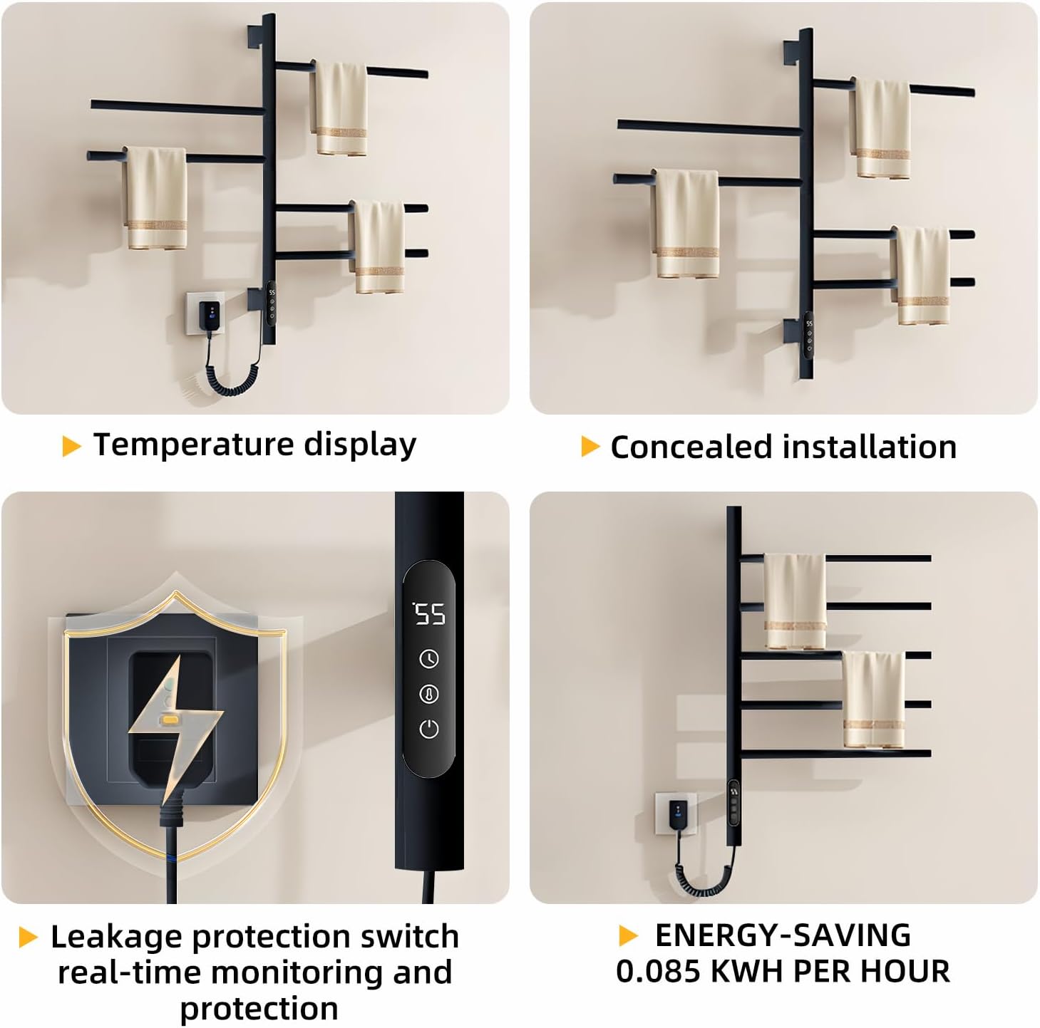 180°Rotation Electric Heated Towel Rack Wall Mounted Towel Warmer Racks 5 Bars Hardwired & Plug-in Hot Towel Rack with 1H-9H Timer for Home Bathroom Salons and Spas (Black)