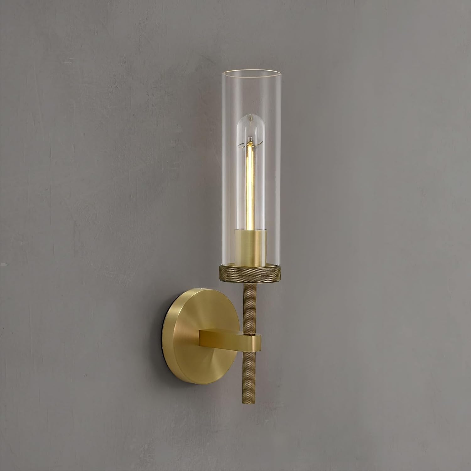 Brass Wall Sconces Lights Indoors, 14' Knurled Linear Sconce, Gold Bathroom Wall Sconces, Glass Tube Vanity Sconces Wall Lighting, Wall Lights for Mirror, Living Room, Bedroom, Hallway
