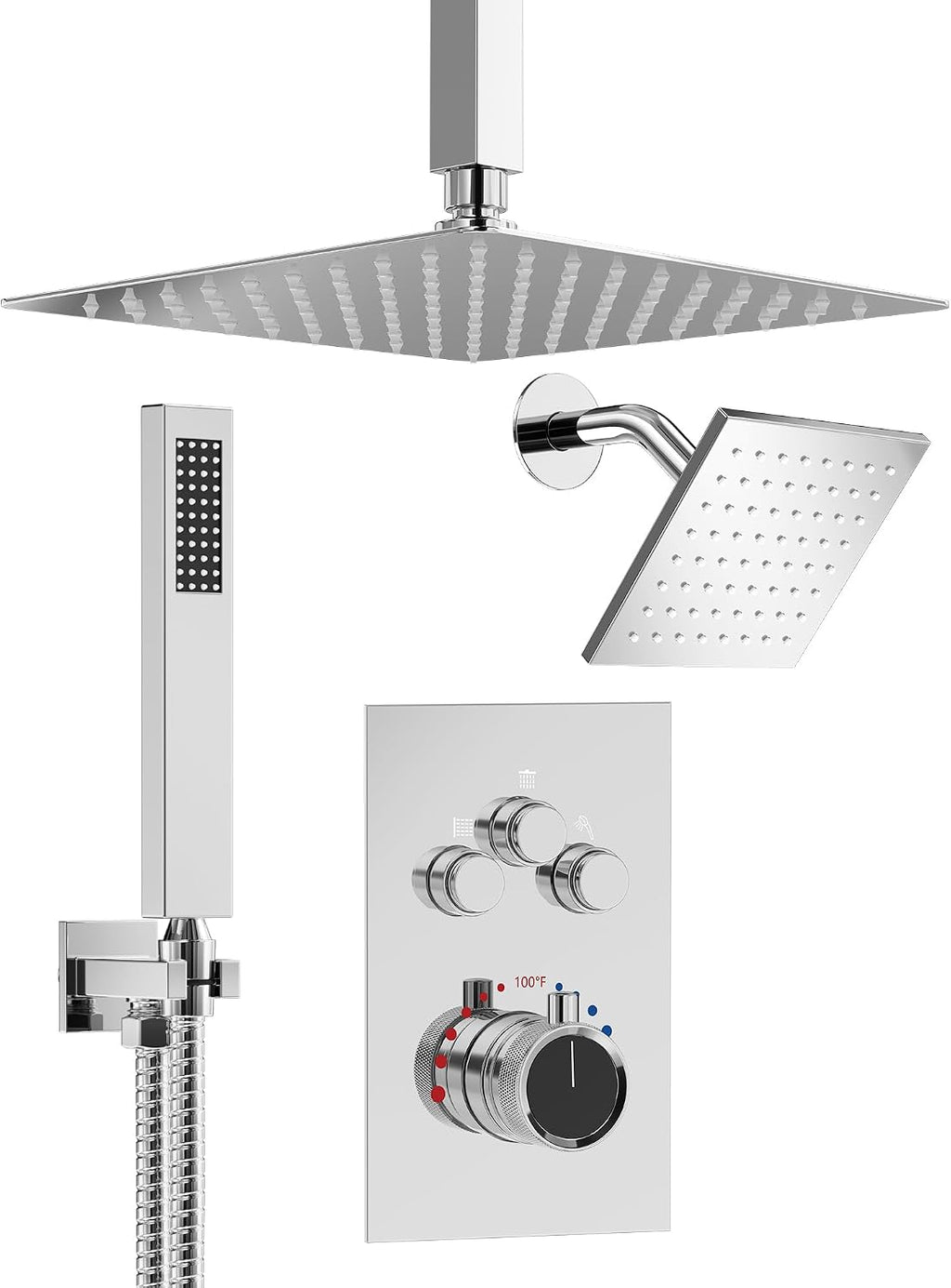 Thermostatic Shower System, 12 Inch Dual Rainfall Shower Heads for Ceilling & Wall Mounted with Handheld Sprayer, Chrome