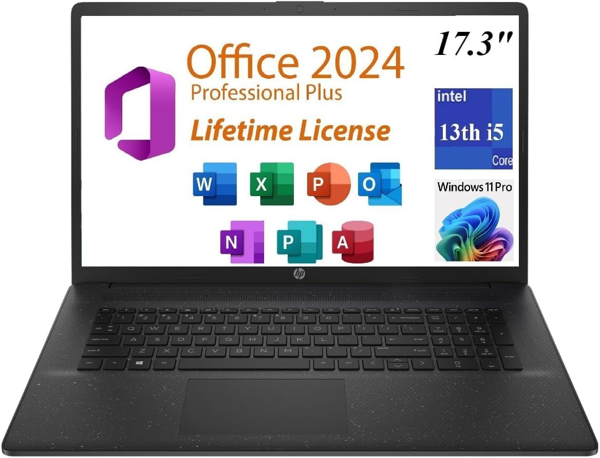 HP 17t-CN300 Personal Laptop, 2025, Free Lifetime Office,Copilot AI Chat, 13th Gen Intel Core i5-1334U (10cores),WiFi 6, Long Battery Life,Windows 11 Pro, Jet Black (12GB RAM | 512GB SSD)