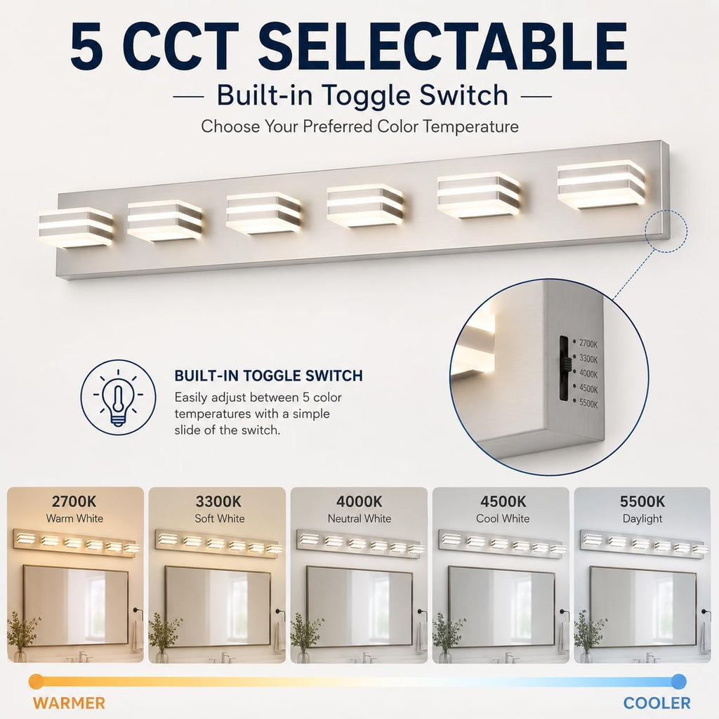 6-Light Brushed Nickel Vanity Light for Double Sink Bathroom, 41 Inch 48W 5CCT Dimmable LED Over Mirror Wall Fixture, Hardwired Light with Clear Acrylic Shade