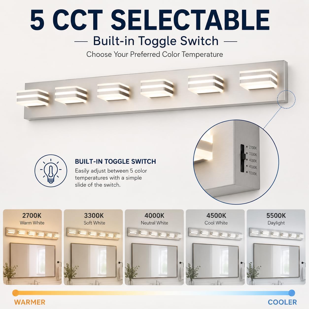 6-Light Brushed Nickel Vanity Light for Double Sink Bathroom, 41 Inch 48W 5CCT Dimmable LED Over Mirror Wall Fixture, Hardwired Light with Clear Acrylic Shade