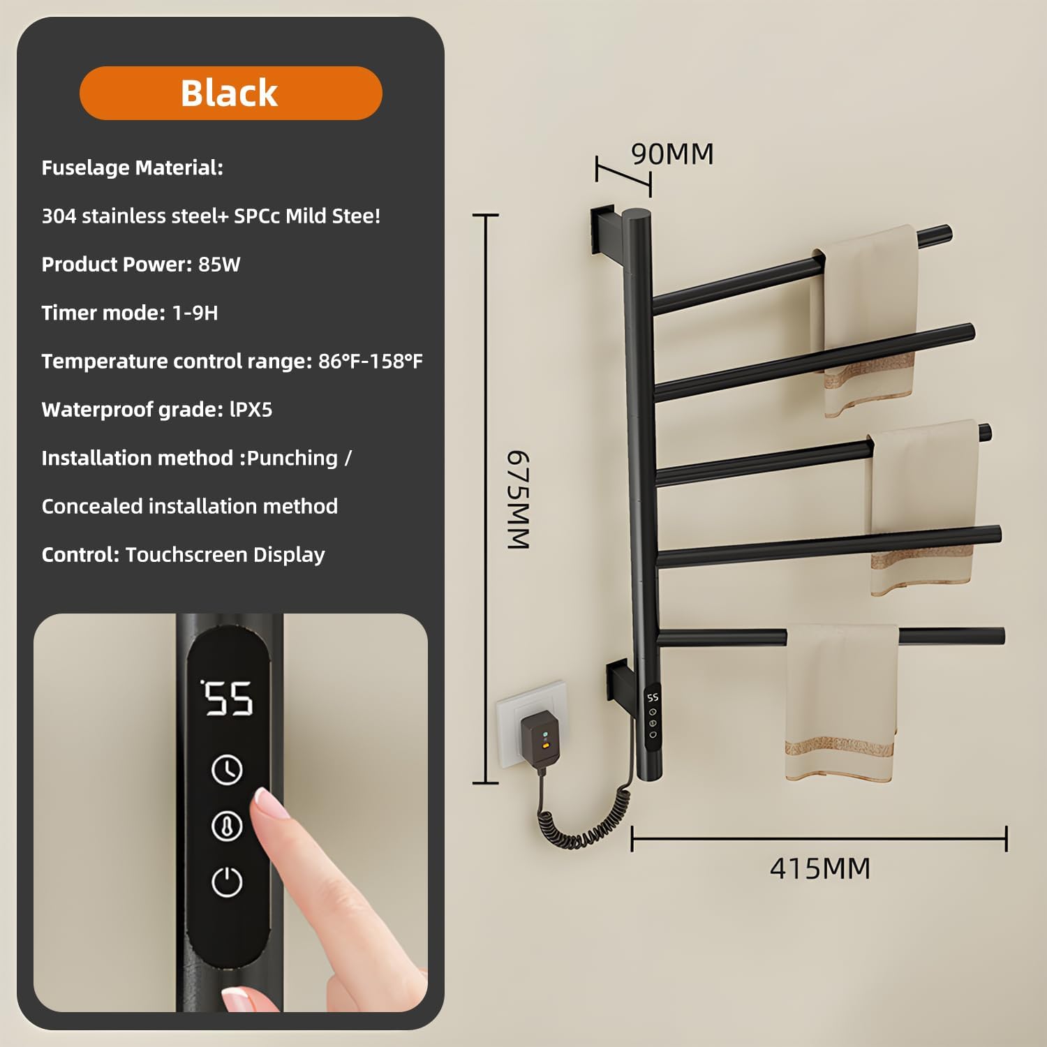 180°Rotation Electric Heated Towel Rack Wall Mounted Towel Warmer Racks 5 Bars Hardwired & Plug-in Hot Towel Rack with 1H-9H Timer for Home Bathroom Salons and Spas (Black)