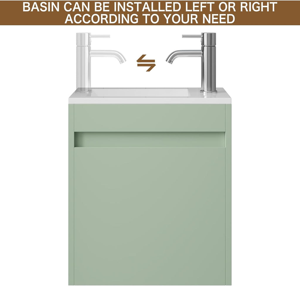 wonline 16' Small Floating Green Bathroom Vanity Sink Combo, Wall Mounted Narrow Single Cabinet with Resin Basin Sink Top, Water Saving Chrome Faucet & Pop-Up Drain