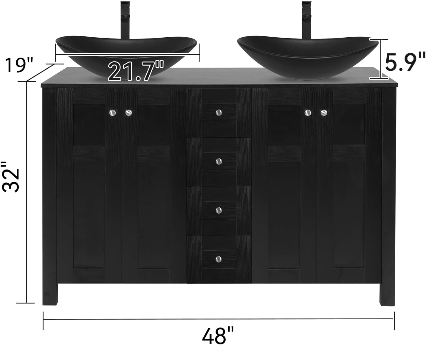 48 Inch Bathroom Vanity with Sink, Traditional Freestanding Black Bathroom Vanity Cabinet with Four Drawers, Pedestal Cabinet with Two Black Ceramic Boat Sinks