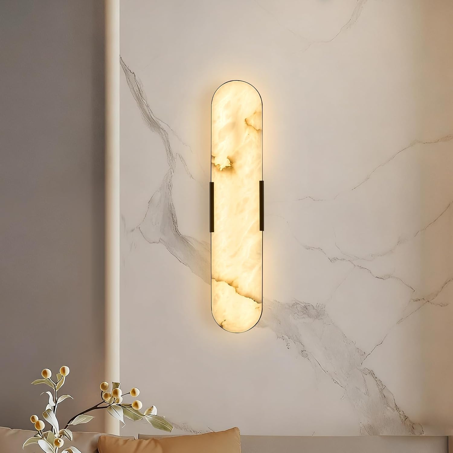 Alabaster Wall Sconces 20' LED Tunable 3000K~6000K Bathroom Vanity Wall Lights Vintage Natural Marble Wall Lamp Black Alabaster Wall Lighting Fixtures for Bedroom Hallway Living Room