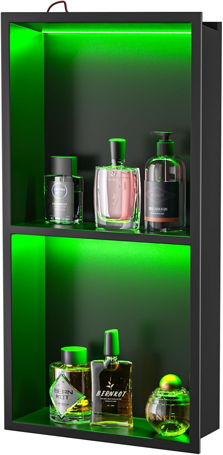 Led Shower Niche with RGB Light 24' X 12' Matte Black 304 Stainless Steel Shower Niche with 2-Tiers Shelves Waterproof No Tile Needed Recessed Niches Shower for Bathroom Storage