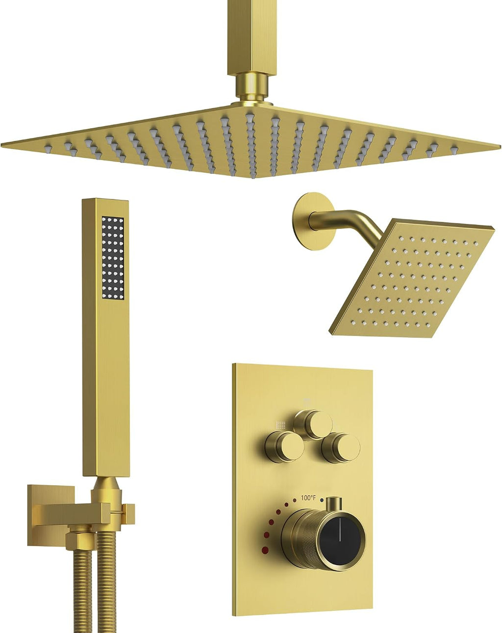 Thermostatic Shower System, 12 Inch Dual Rainfall Shower Heads for Ceilling & Wall Mounted with Handheld Sprayer, Brushed Gold
