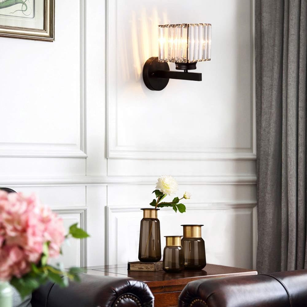 Luxury Crystal Wall Light Sconce - Black Crystal with Clear Glass Shade, Square Hardwired Vanity Light Fixture for Bathroom and Bedroom