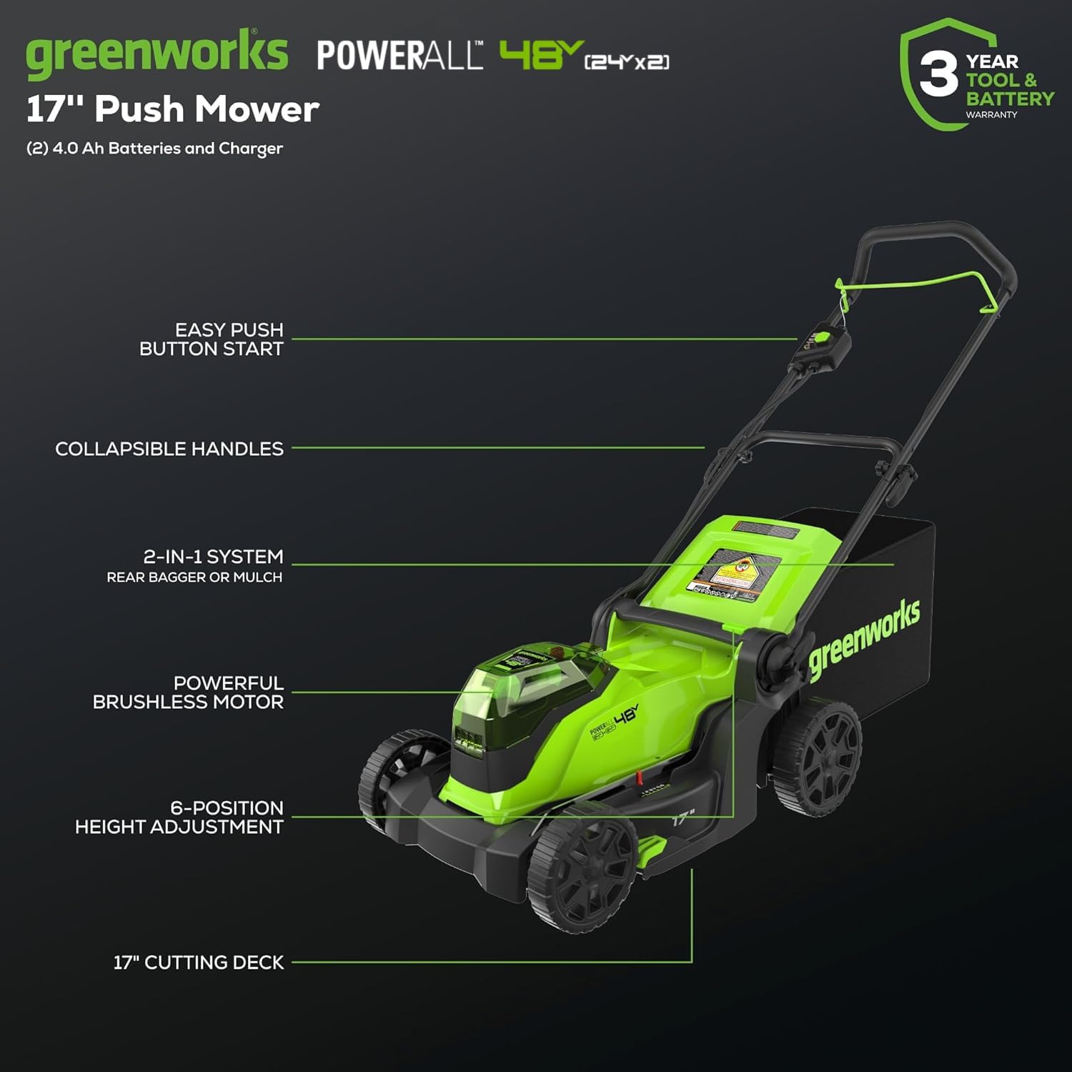 Greenworks 48V (24V x 2) 17' Brushless Mower+12' String Trimmer +320CFM Blower,(2) 4.0Ah Batteries and 2A Dual Port Charger