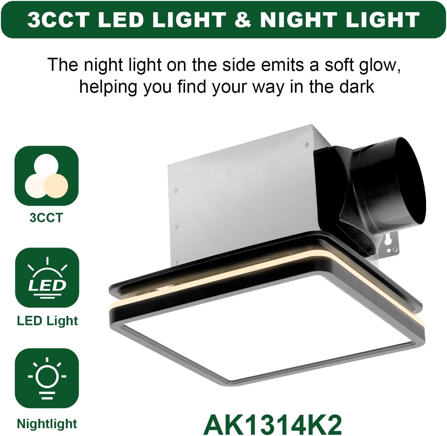 Akicon Bathroom Exhaust Fan with Light, 80CFM 2.0 Sones Powerful Bathroom Fan and Humidity Sensor Switch Combo, 3CCT LED Light and Nightlight Ventilation Fan for Home, Square, Black
