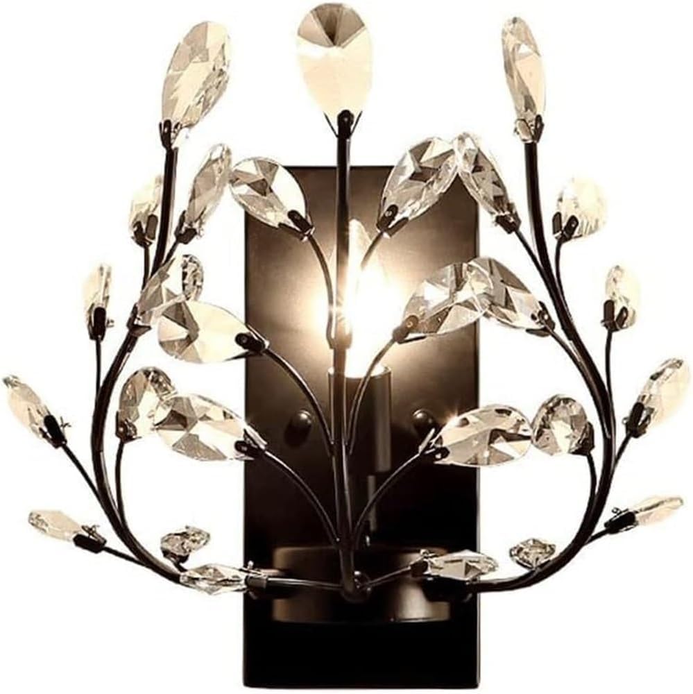 Crystal Wall Sconce Black Wrought Iron Amen Style Candle Holder Inspired Mounted Lighting Fixture for Bathroom Bedroom Living Room Home Decor Stylish Indoor Accent Light(Black)