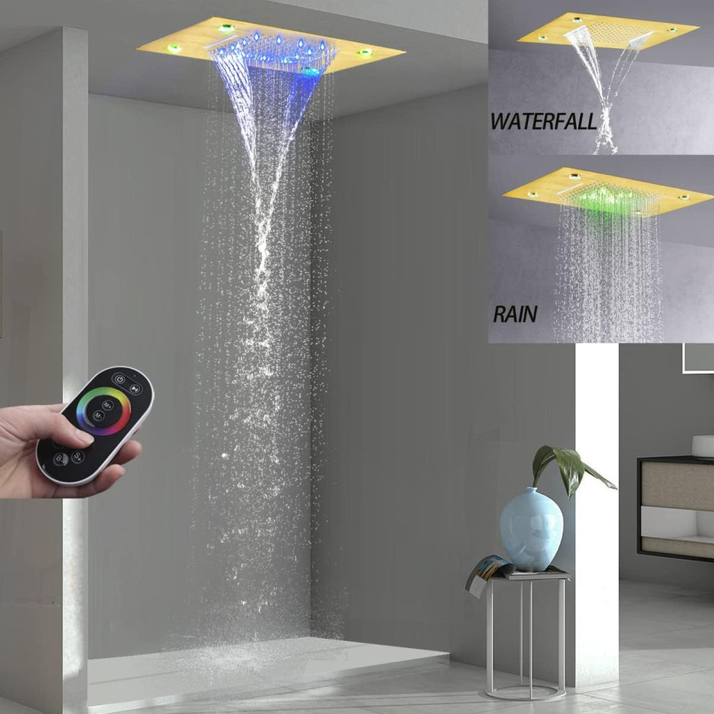 Brushed Gold LED Ceiling Rain Shower Head 14X20 Inch Bathroom Rectangle Embedded Type With Smart LED Lights Control (Waterfall And Rain Shower Head)