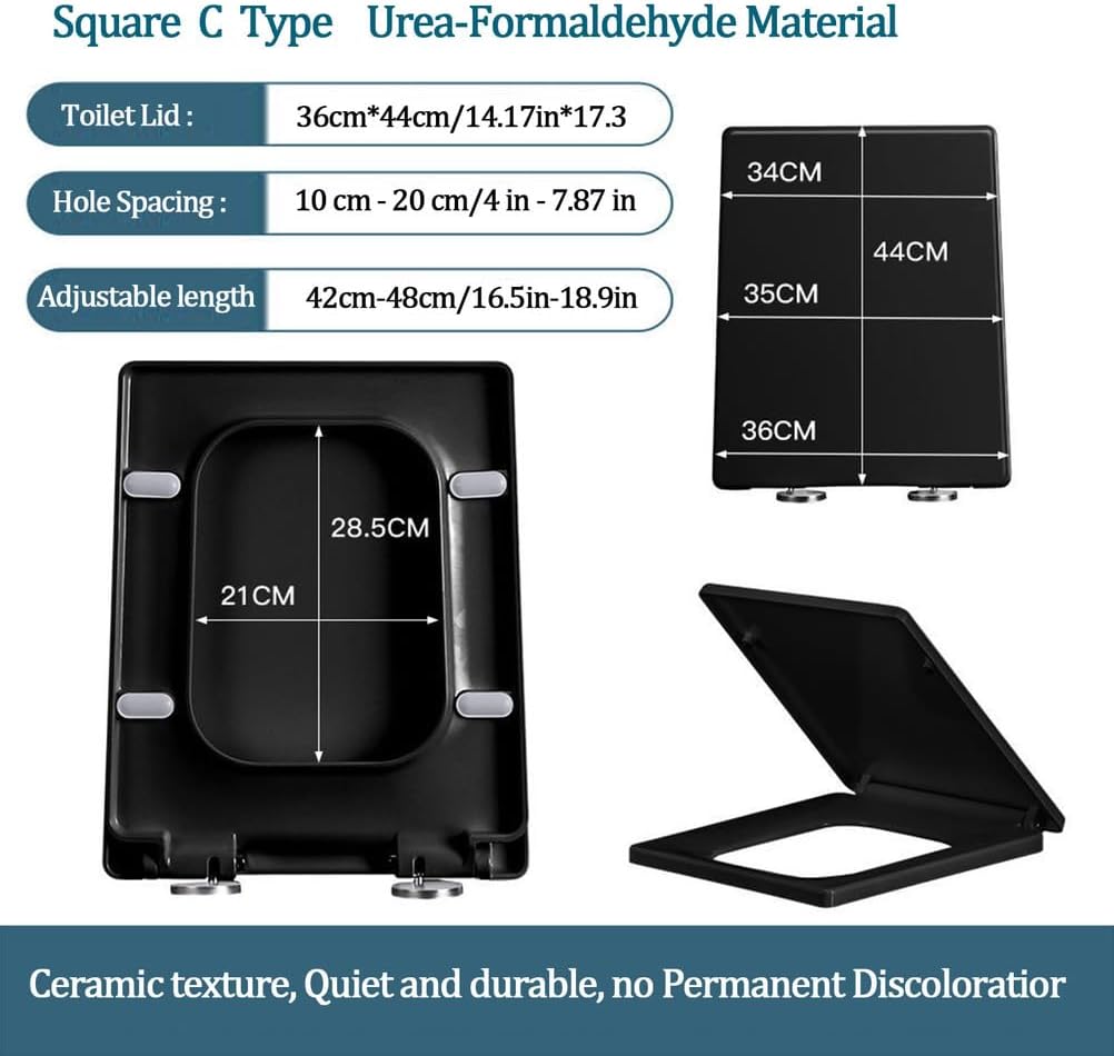 Wttfc Soft Close Toilet Seat,Black Toilet Seats with Adjustable Hinge,Toilet Lid Loo Cover for Family Bathroom with Assemble Fixtures,UF Material,Various Shapes,Square