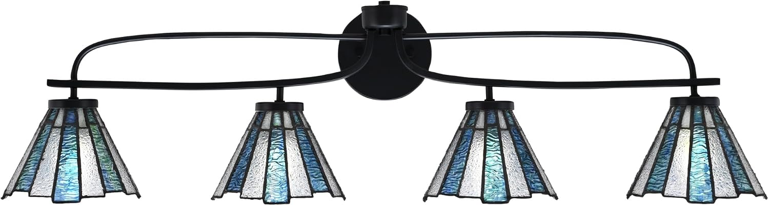 Toltec Lighting Cavella 4-Light Bath Bar – Modern Vanity Light Fixture for Bathroom – Dimmable and LED-Compatible Wall Light – Matte Black Finish, 7' Sea Ice Art Glass